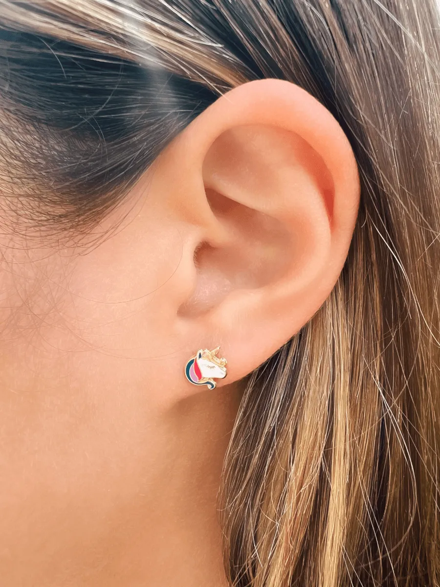 Kid Enamel Unicorn Stud Earring 14K