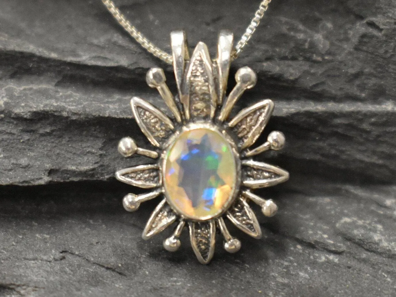 Large Opal Flower Pendant - Natural Opal Necklace - Vintage Statement Necklace