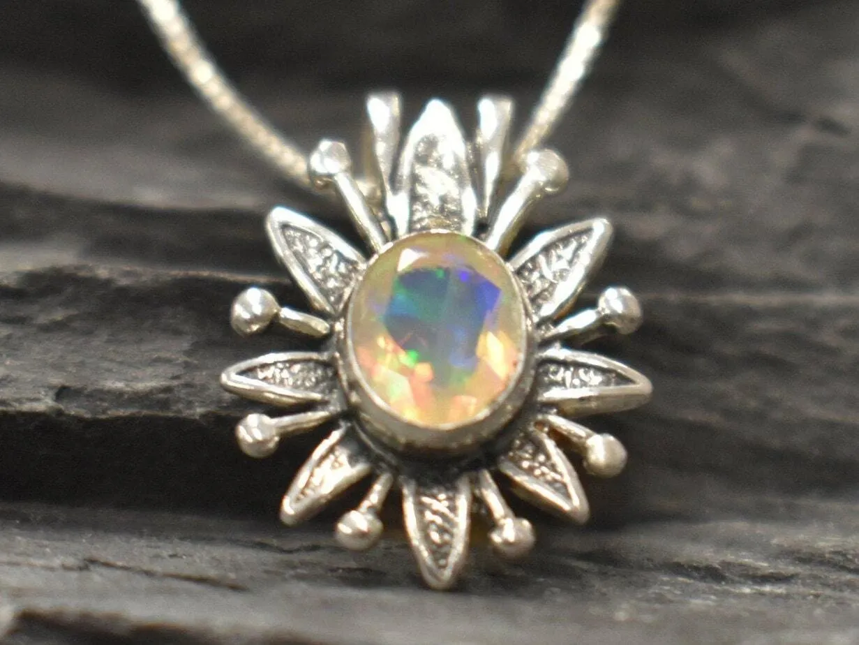 Large Opal Flower Pendant - Natural Opal Necklace - Vintage Statement Necklace