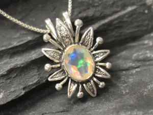 Large Opal Flower Pendant - Natural Opal Necklace - Vintage Statement Necklace