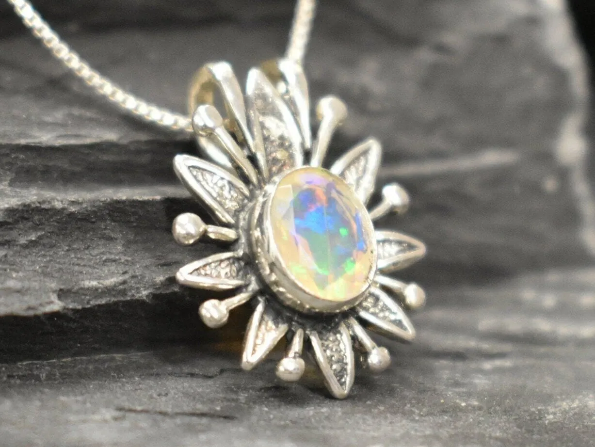 Large Opal Flower Pendant - Natural Opal Necklace - Vintage Statement Necklace