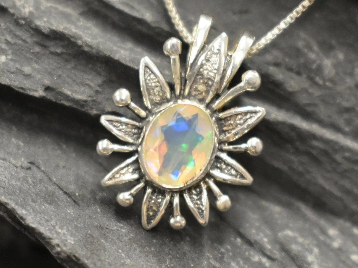 Large Opal Flower Pendant - Natural Opal Necklace - Vintage Statement Necklace