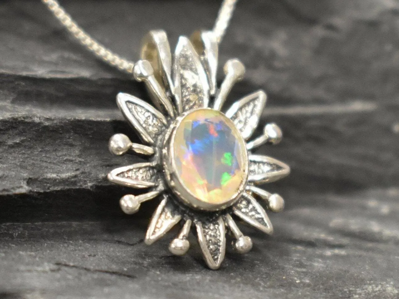 Large Opal Flower Pendant - Natural Opal Necklace - Vintage Statement Necklace