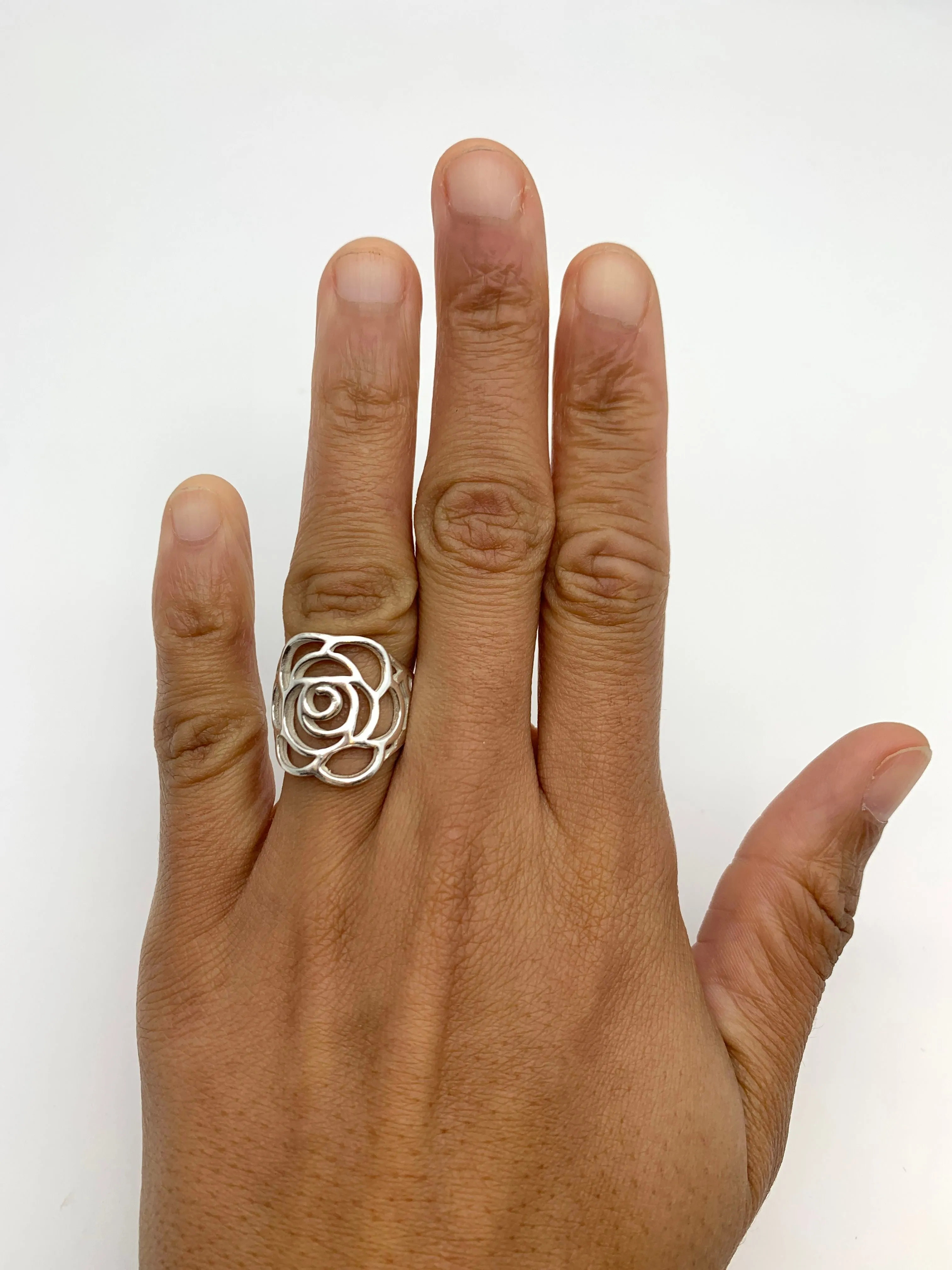 Large Rose Ring - Long Flower Ring - Statement Silver Ring