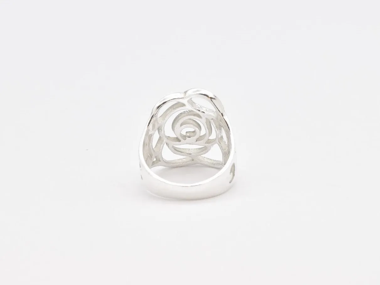 Large Rose Ring - Long Flower Ring - Statement Silver Ring