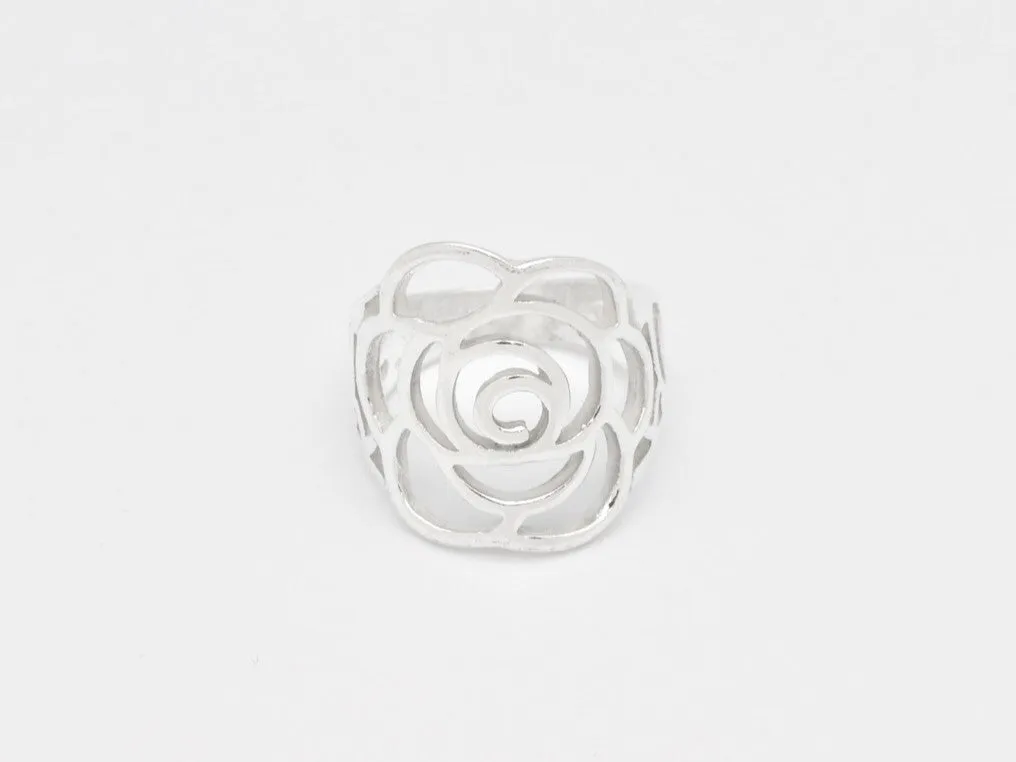 Large Rose Ring - Long Flower Ring - Statement Silver Ring