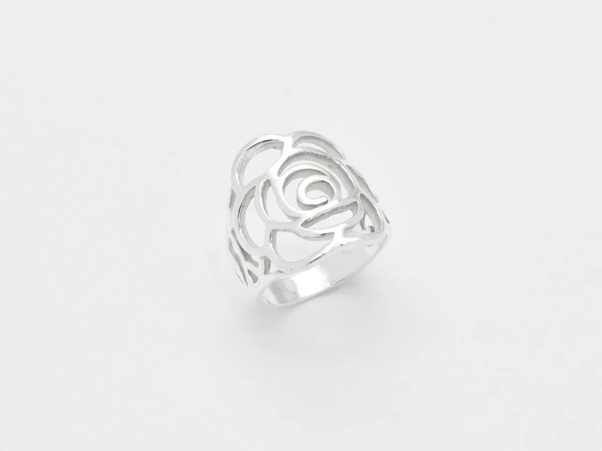 Large Rose Ring - Long Flower Ring - Statement Silver Ring