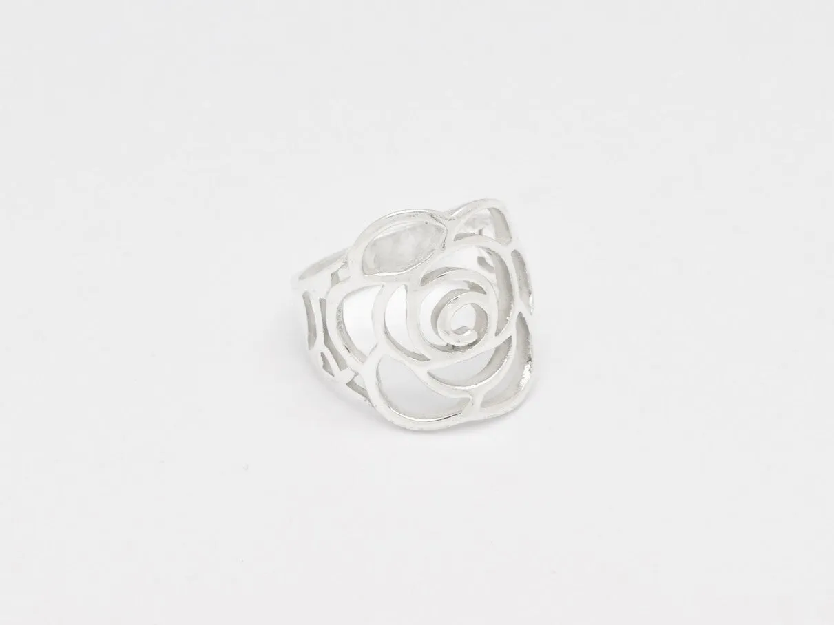 Large Rose Ring - Long Flower Ring - Statement Silver Ring