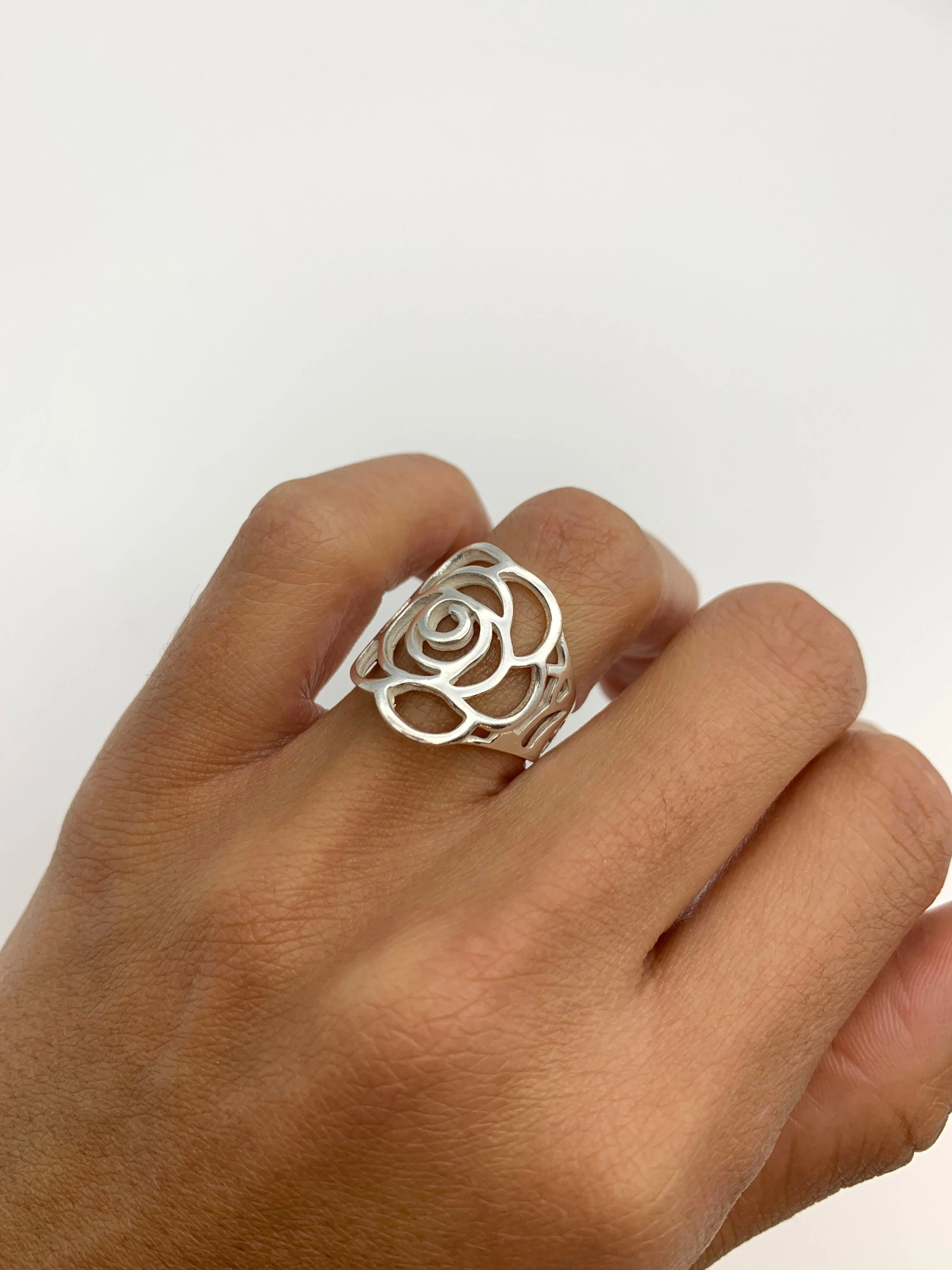 Large Rose Ring - Long Flower Ring - Statement Silver Ring