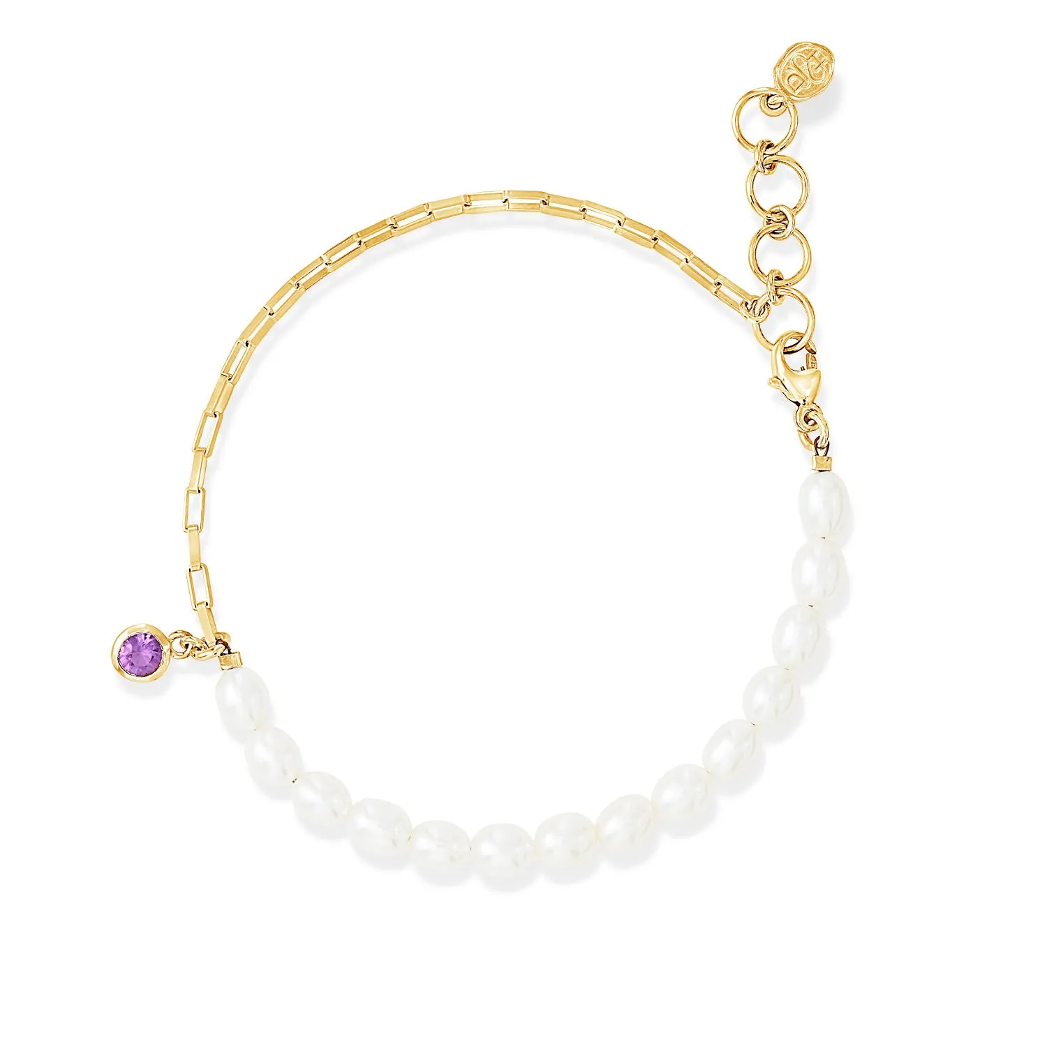 Luna White Pearl, Chain and Amethyst Drop Bracelet