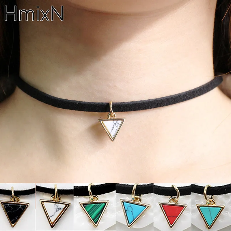 Luxury Ethnic Natural Stone Opal Choker Necklace triangle Black leather Gothic Retro Statement necklace Tattoo jewelry for women