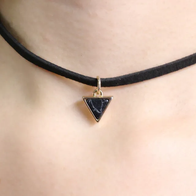 Luxury Ethnic Natural Stone Opal Choker Necklace triangle Black leather Gothic Retro Statement necklace Tattoo jewelry for women