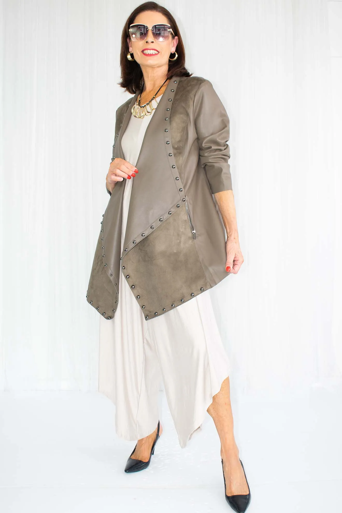 Luxury Seraphine Studded Longline Jacket in Mocha