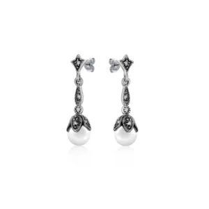 Marcasite Petal & Pearl Drop Studs