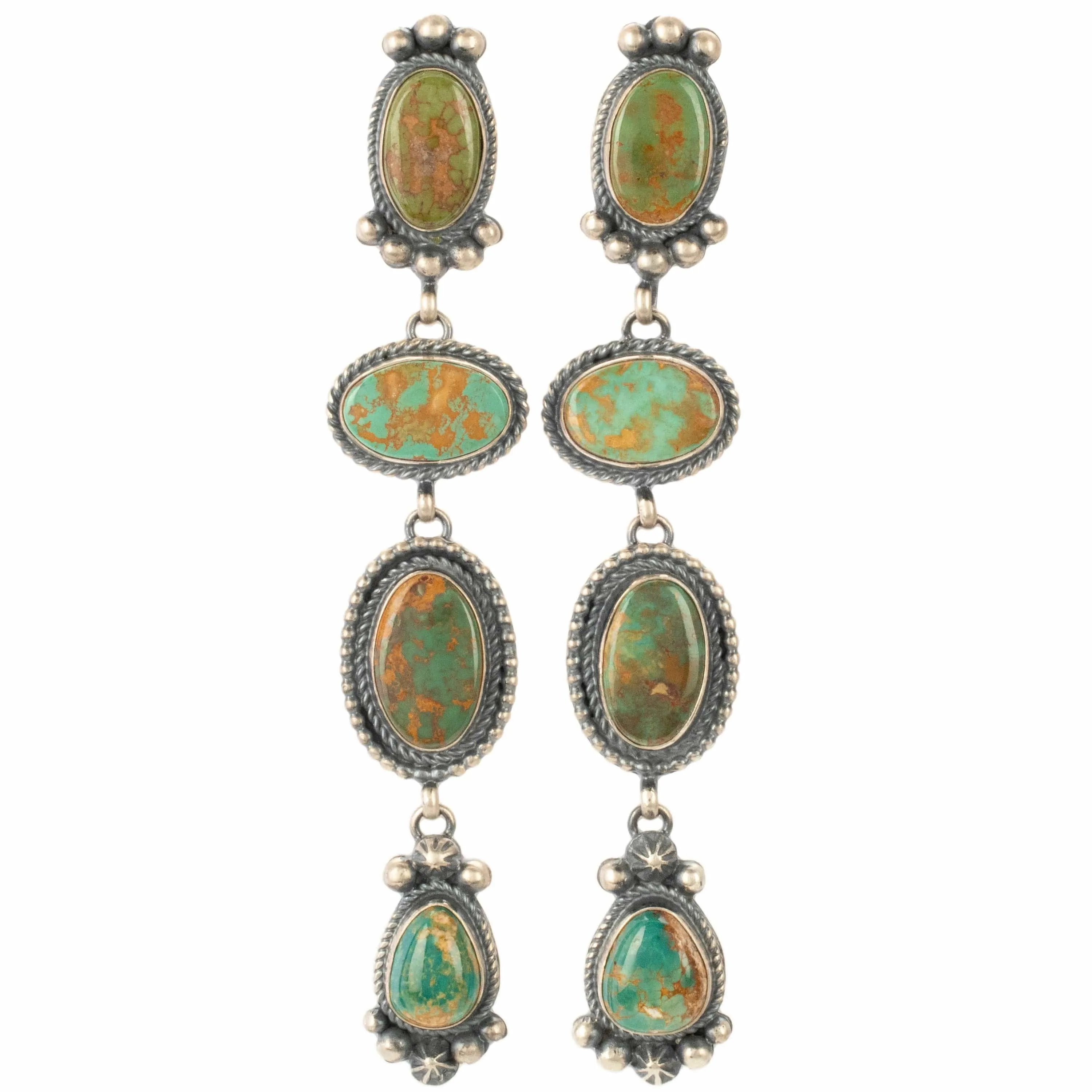 Mary Ellen Navajo Royston Turquoise USA Native American Made 925 Sterling Silver Long Dangly Earrings with Stud Backing