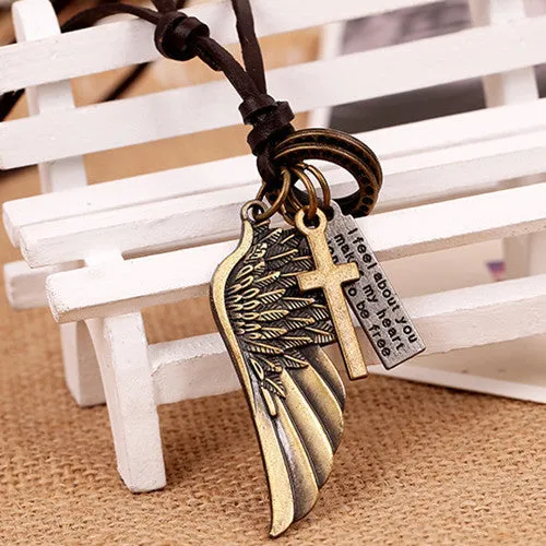 Maxi Colar Masculio Couro Male Leather Necklace Angel Wings Neckless Men Best Friends Neclace Friendship Jewelery