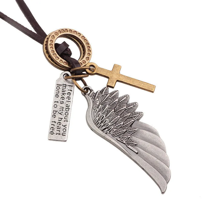 Maxi Colar Masculio Couro Male Leather Necklace Angel Wings Neckless Men Best Friends Neclace Friendship Jewelery