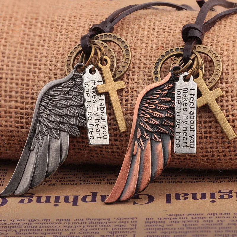 Maxi Colar Masculio Couro Male Leather Necklace Angel Wings Neckless Men Best Friends Neclace Friendship Jewelery