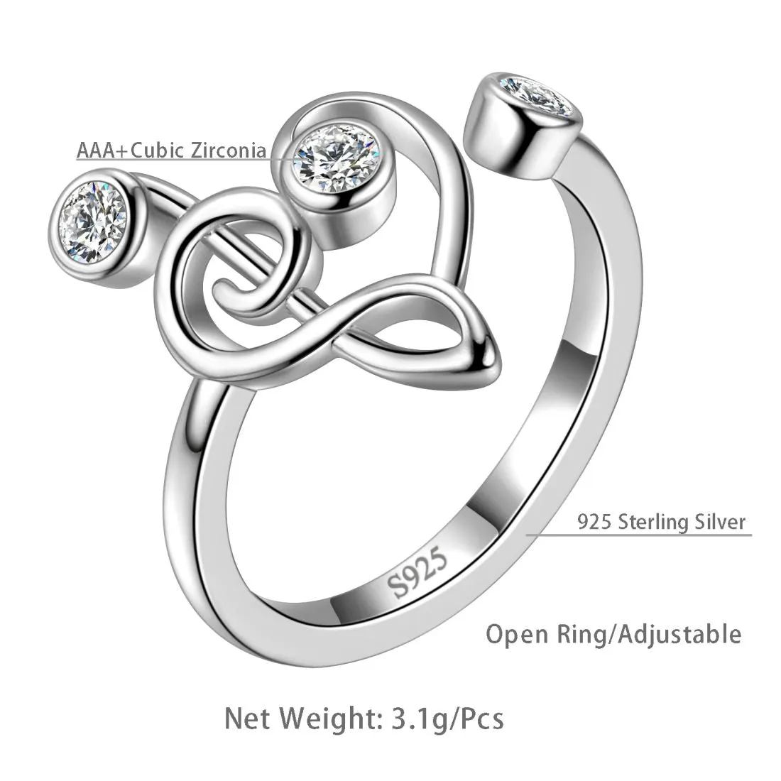 Musical Note Rings Women Jewelry 925 Sterling Silver Aurora Tears