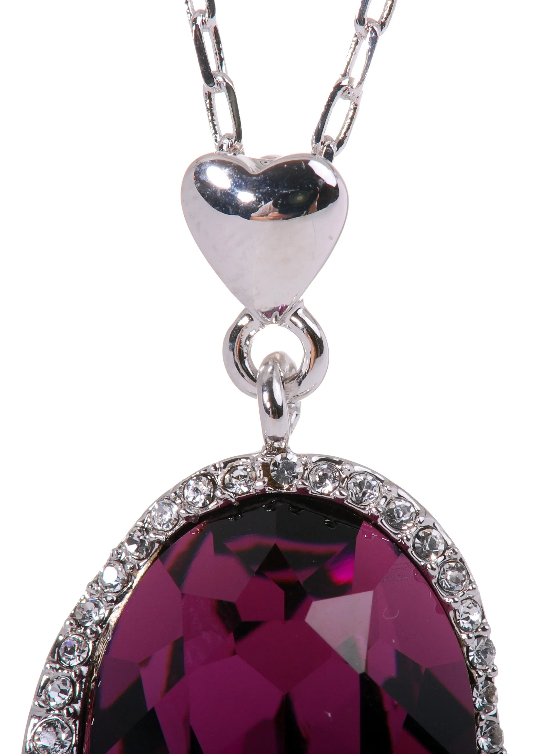 N7162 Rhodium Swarovski Oval Pendant Necklace Amethyst