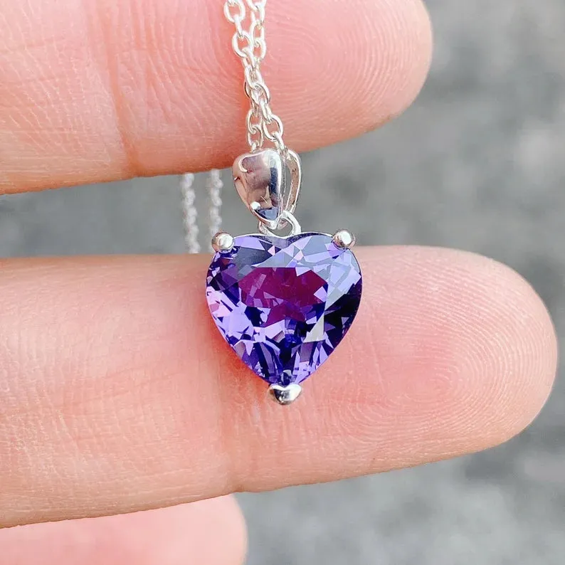 Natural Heart Cut Amethyst Solitaire Necklace - 925 Sterling Silver Necklace