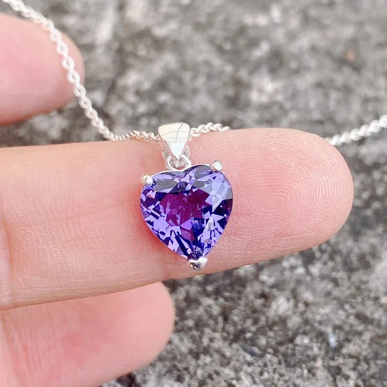 Natural Heart Cut Amethyst Solitaire Necklace - 925 Sterling Silver Necklace