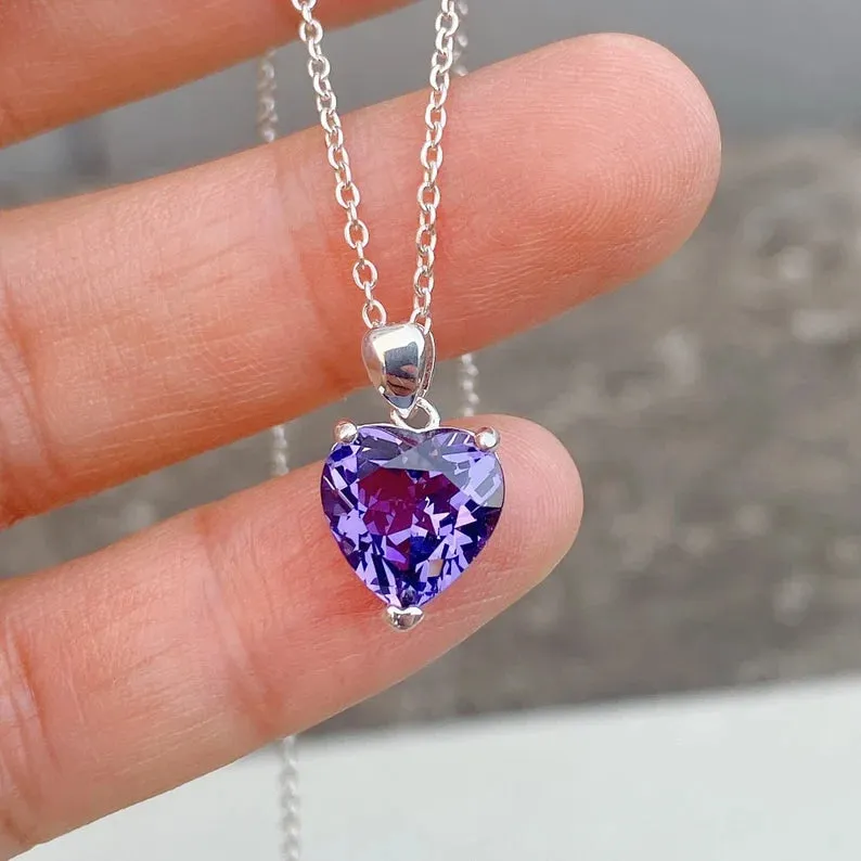 Natural Heart Cut Amethyst Solitaire Necklace - 925 Sterling Silver Necklace