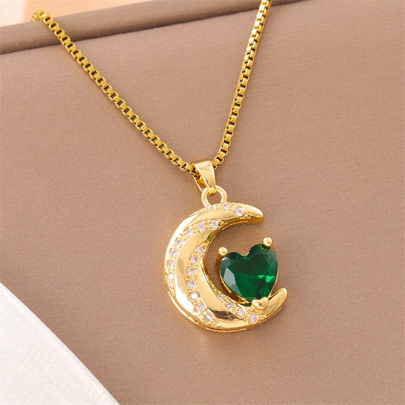 Natural Moon Heart Stainless Steel Electroplating Necklaces