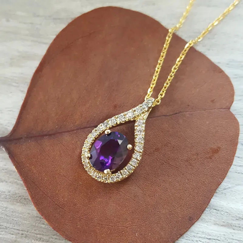 Natural Oval Cut Amethyst Halo Vintage Statement Pendants - 14k Gold Vermeil Pendants