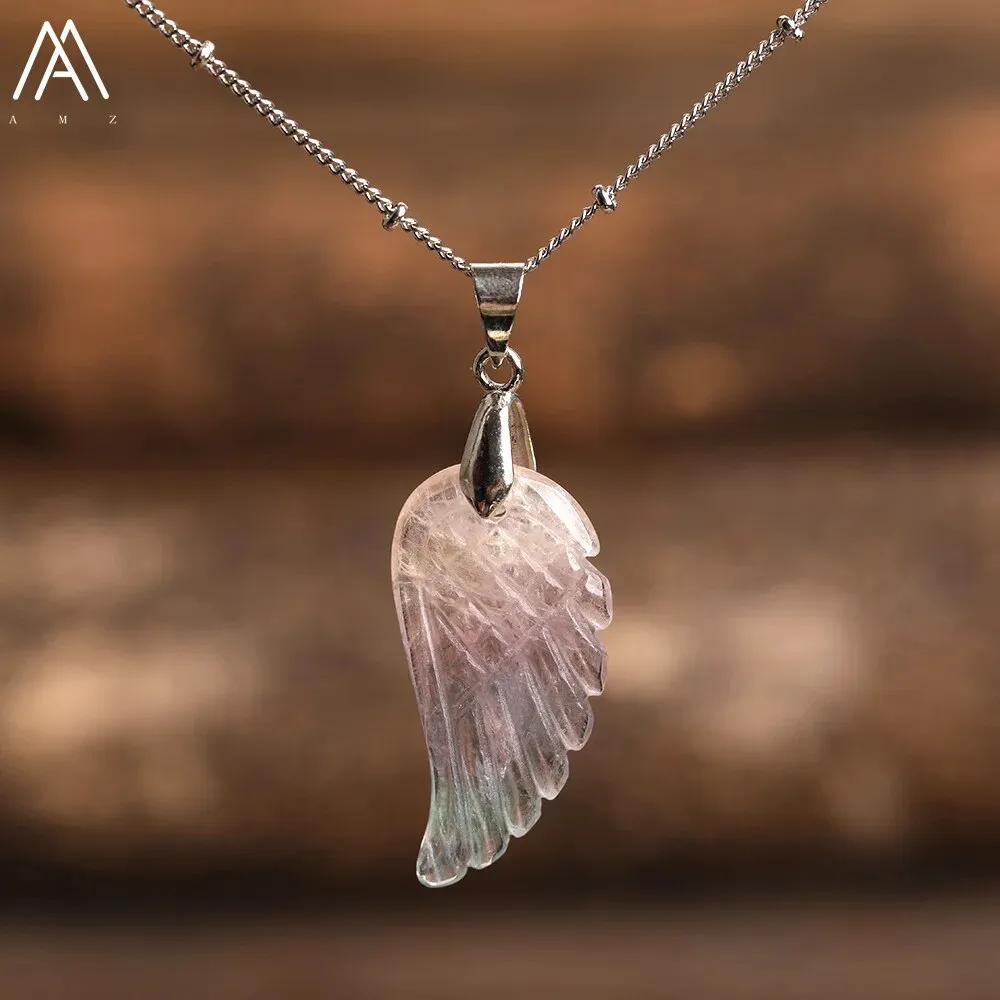 Natural Stone Angel Wings Pendant Necklaces