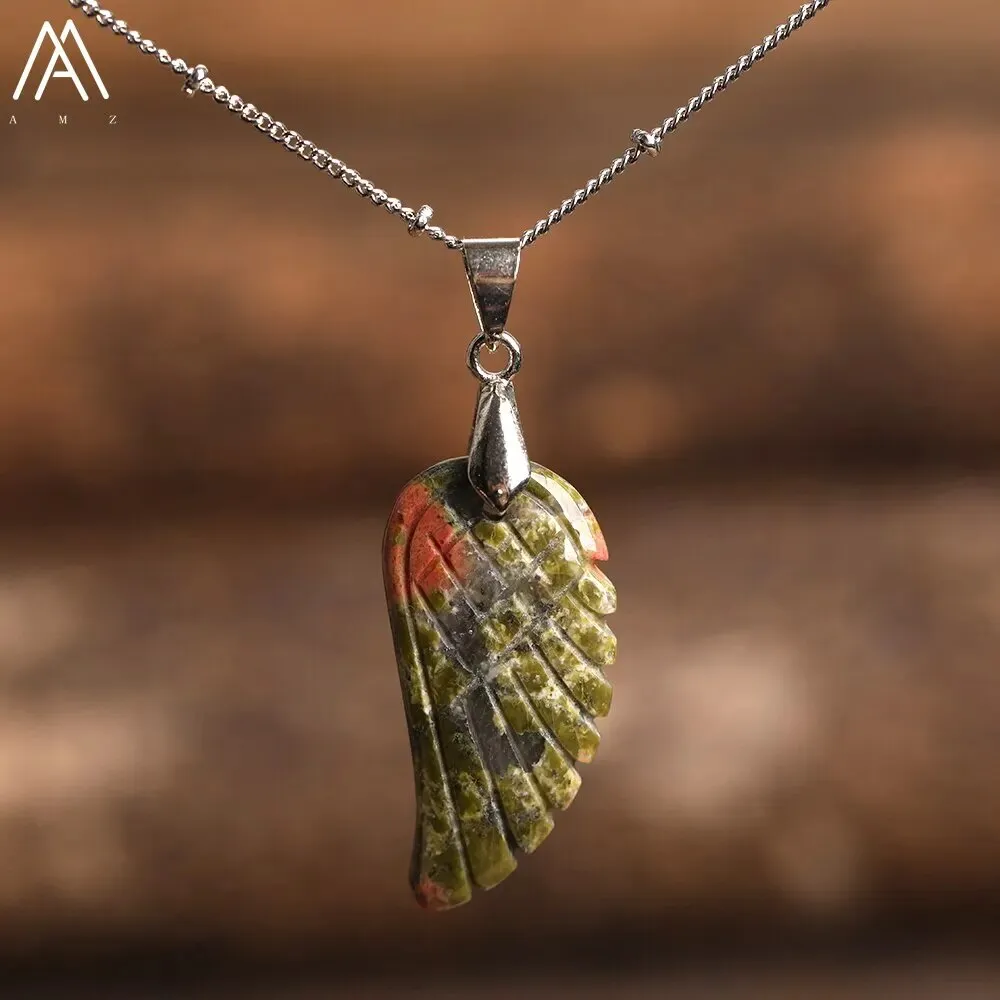 Natural Stone Angel Wings Pendant Necklaces