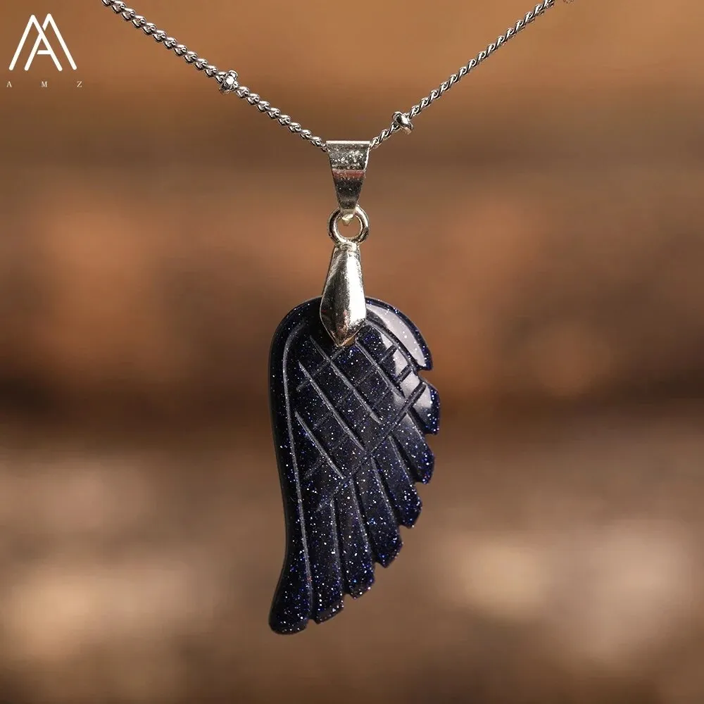 Natural Stone Angel Wings Pendant Necklaces