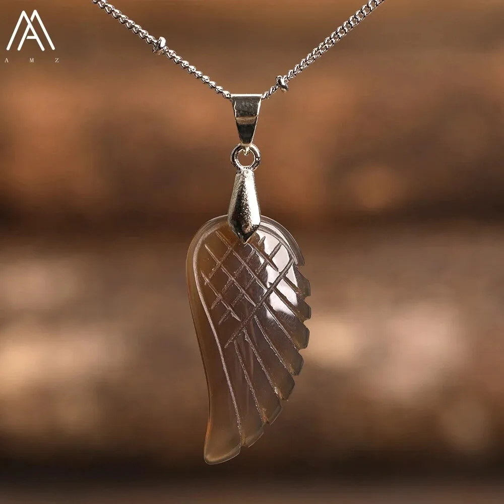 Natural Stone Angel Wings Pendant Necklaces