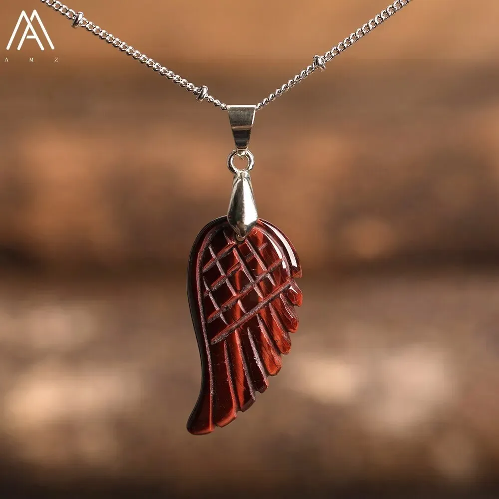 Natural Stone Angel Wings Pendant Necklaces