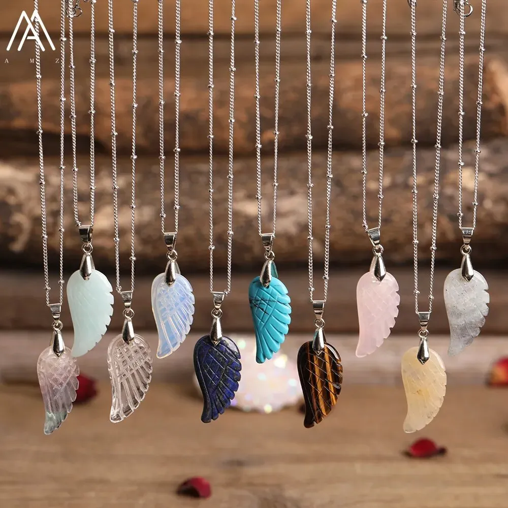 Natural Stone Angel Wings Pendant Necklaces