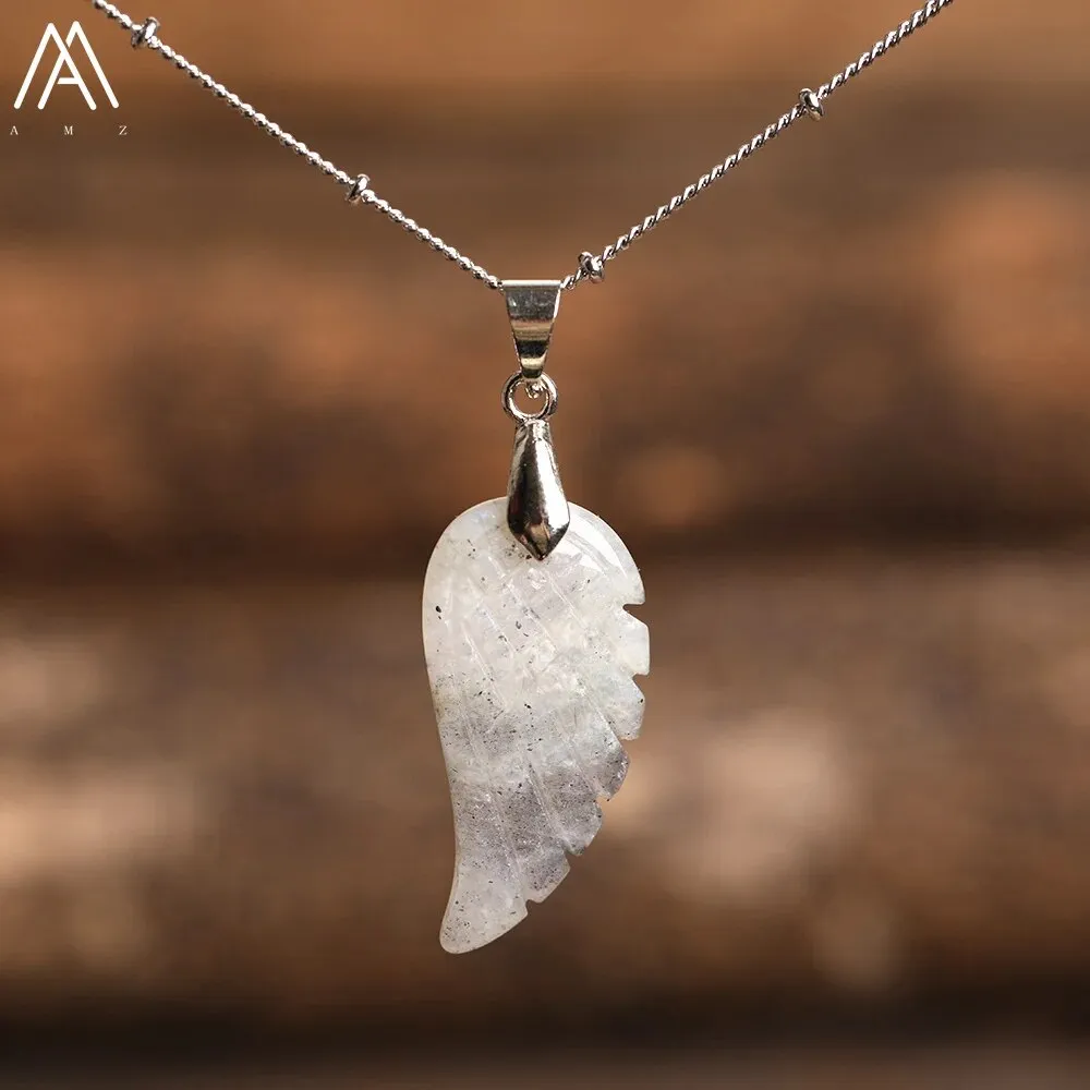 Natural Stone Angel Wings Pendant Necklaces