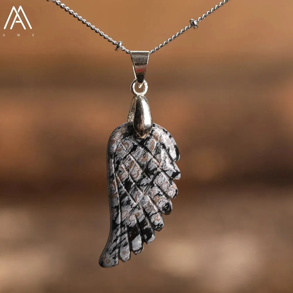 Natural Stone Angel Wings Pendant Necklaces