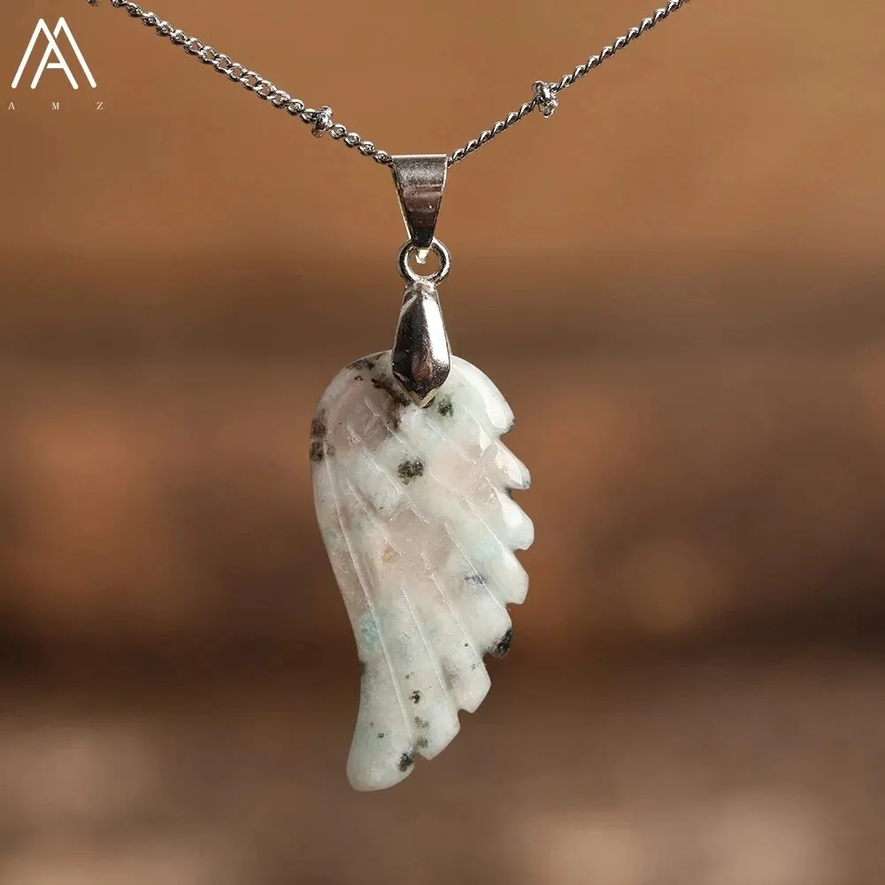 Natural Stone Angel Wings Pendant Necklaces