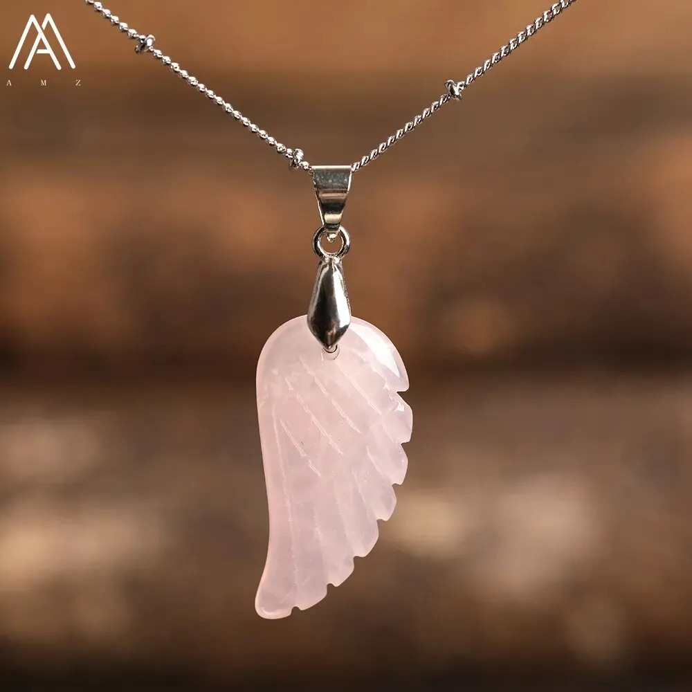 Natural Stone Angel Wings Pendant Necklaces