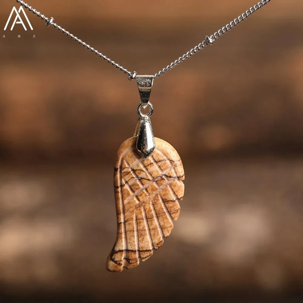 Natural Stone Angel Wings Pendant Necklaces