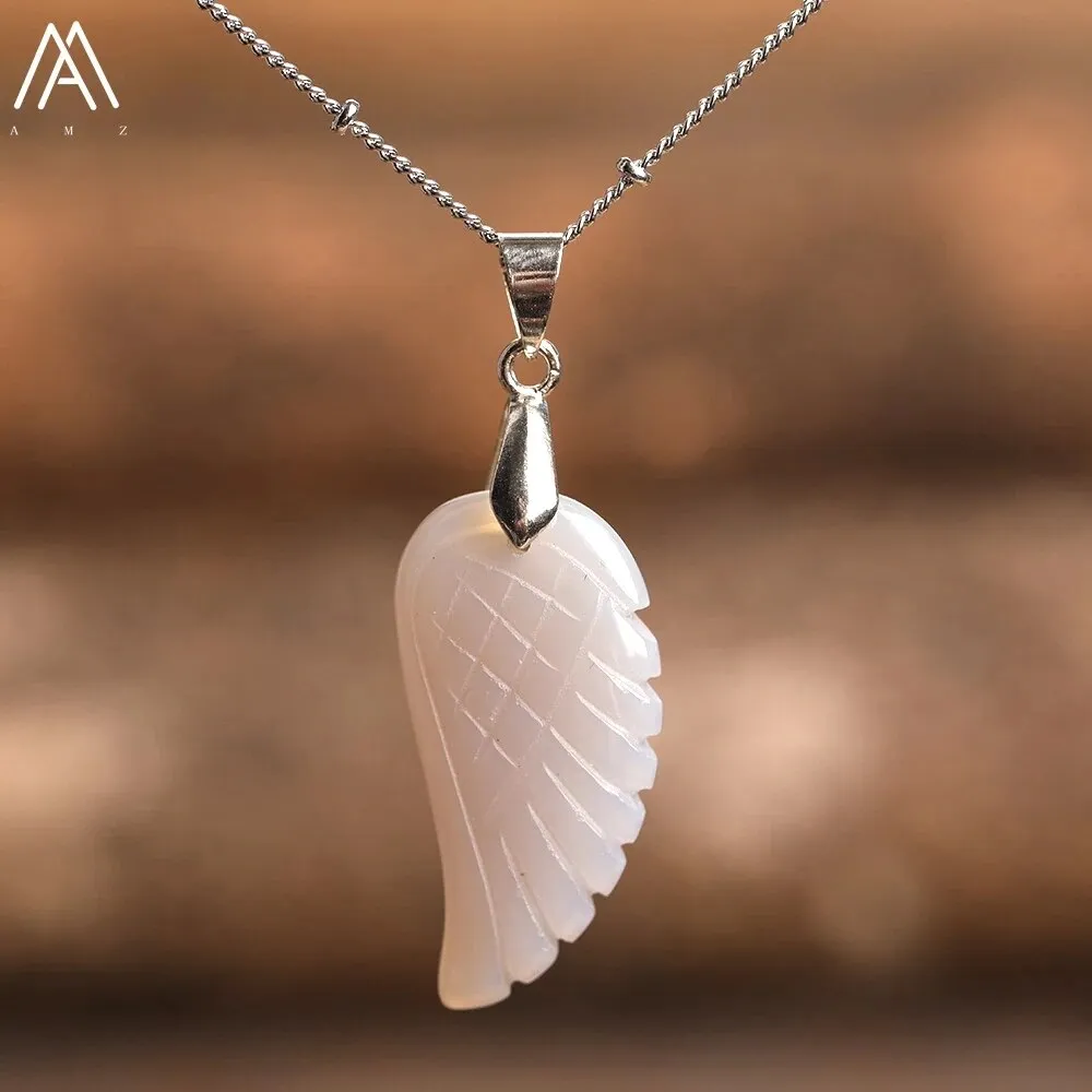 Natural Stone Angel Wings Pendant Necklaces