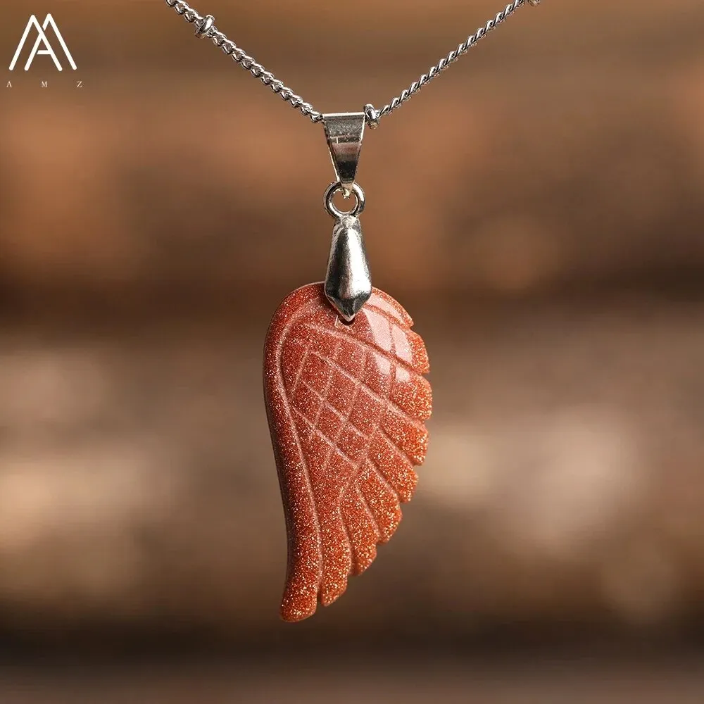 Natural Stone Angel Wings Pendant Necklaces