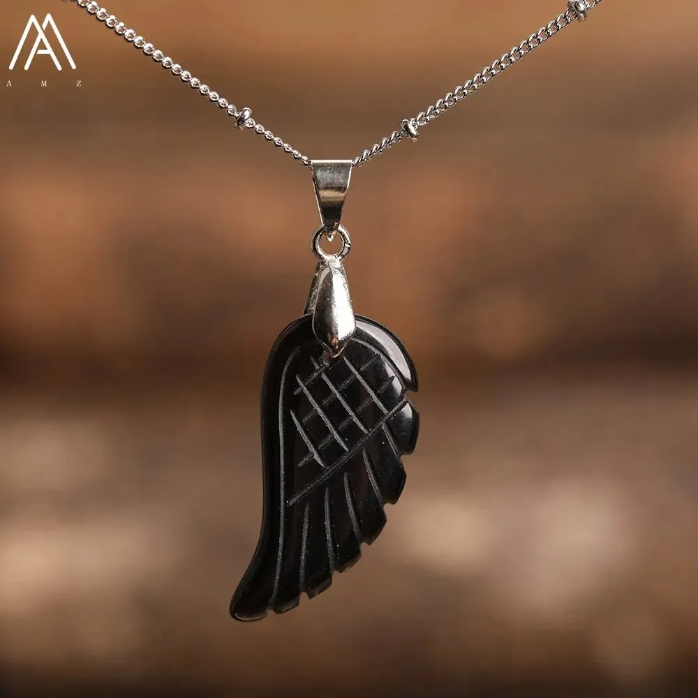 Natural Stone Angel Wings Pendant Necklaces