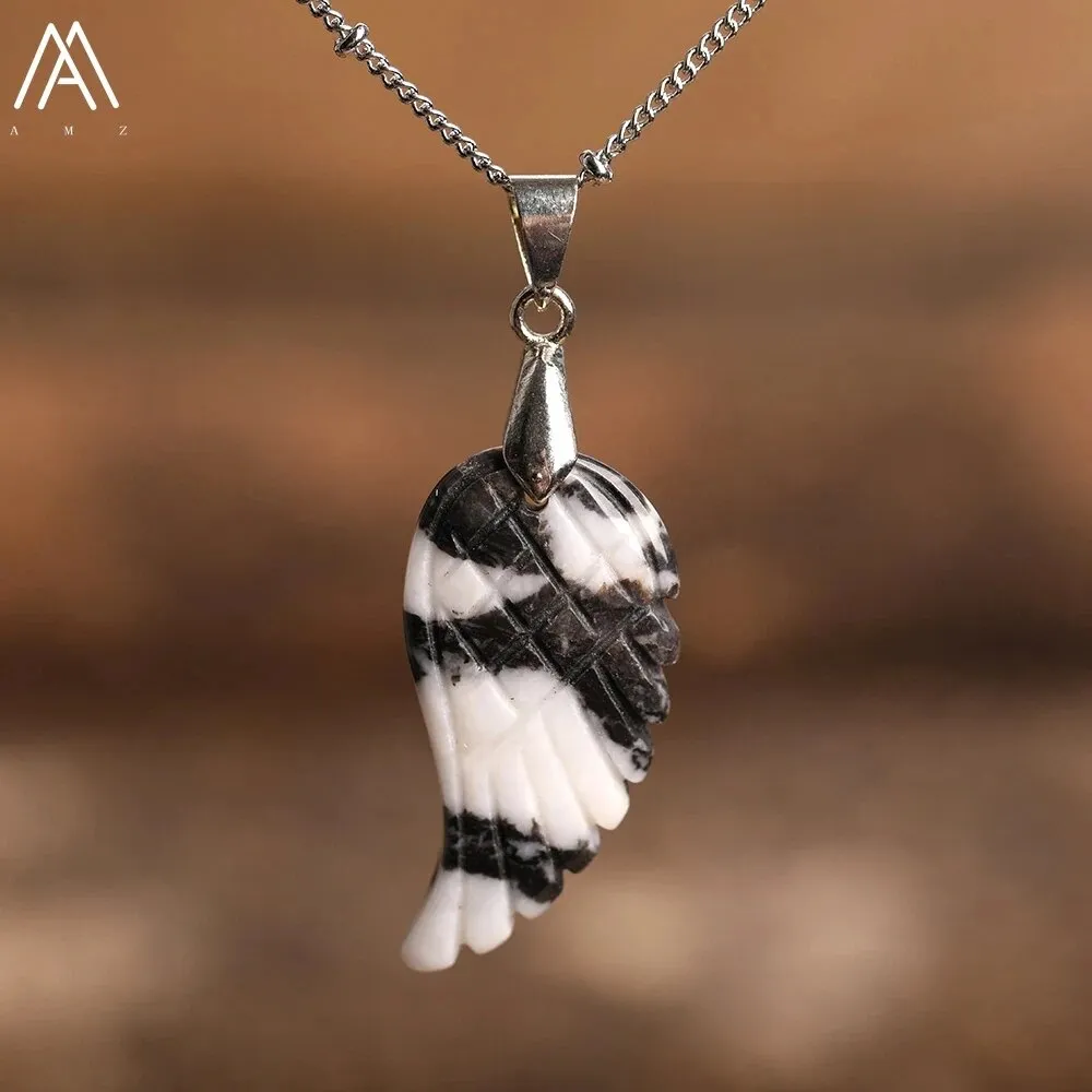 Natural Stone Angel Wings Pendant Necklaces