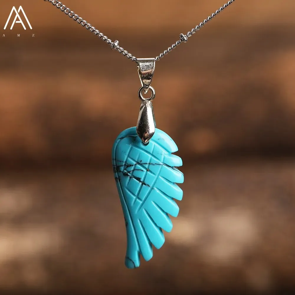 Natural Stone Angel Wings Pendant Necklaces