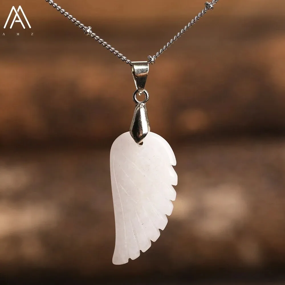 Natural Stone Angel Wings Pendant Necklaces