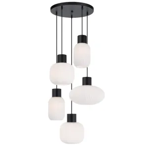 Nori 5 Light Cluster Black with Opal Glass Modern Pendant