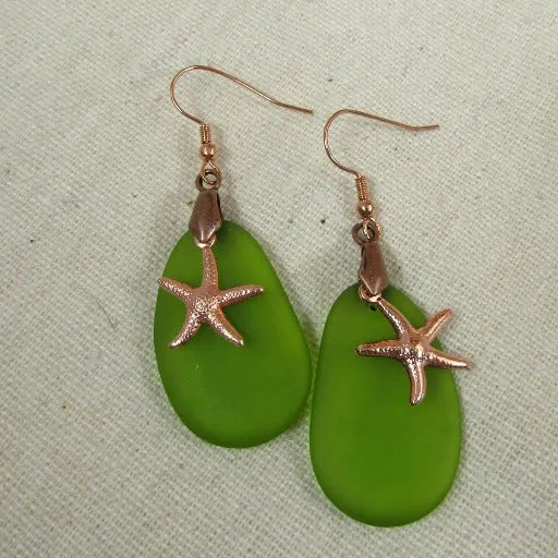 Olive Green Sea Glass Earrings Copper Star Fish