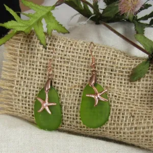 Olive Green Sea Glass Earrings Copper Star Fish