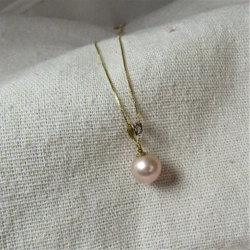 Pearl Pendant Necklace Round AA  Pearl 14K Gold Chain